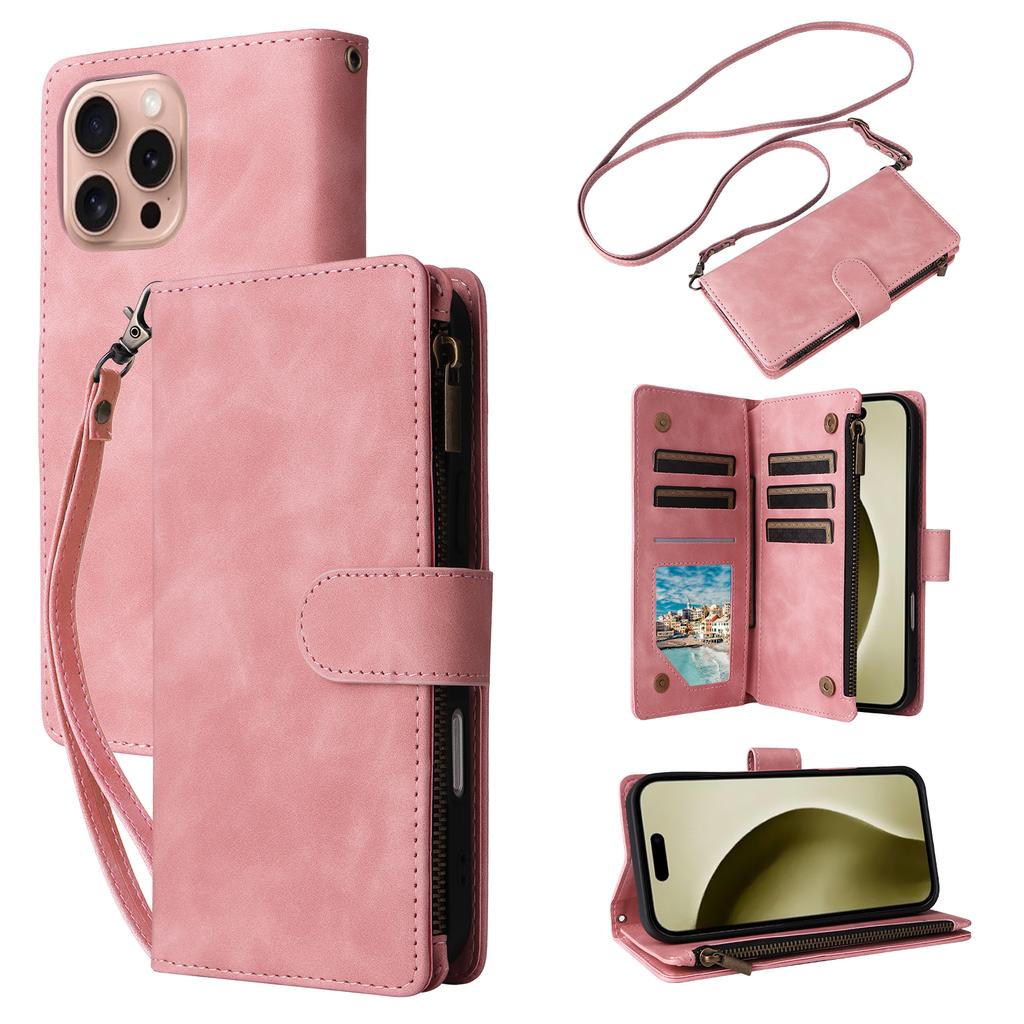 For iPhone 16 Pro Case Zipper Multi-Pocket Wallet Leather Phone Cover with Shoulder and Wrist Straps