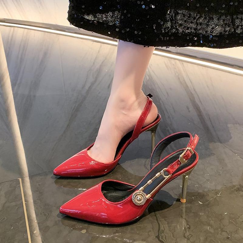 Metal Buckle Stiletto Sandals Autumn New Pointed Toe Shallow Mouth One Strap Anti-Slip Wear-Resistant High Heels