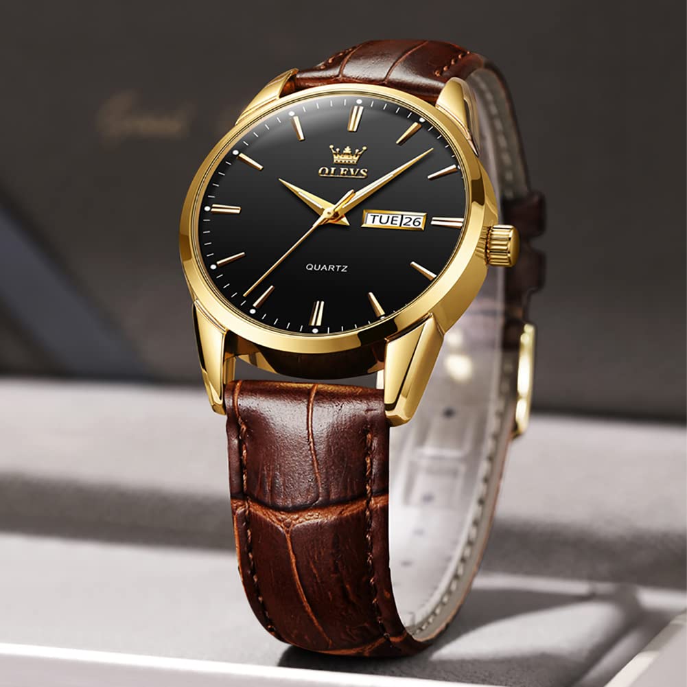 OLEVS Men's Quartz Watch with Leather Strap, Waterproof, Luminous, Date & Day Display, Analog, Stylish, Easy-to-Read Dial, Suitable for Commuting and