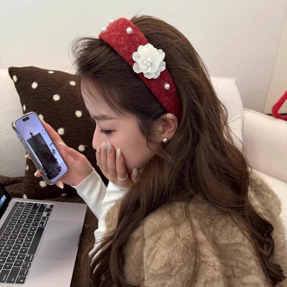 Korean Style Floral Pearl Hair Hoop Exquisite Wide Edge Hairband Flocking Flower Headband  Lady