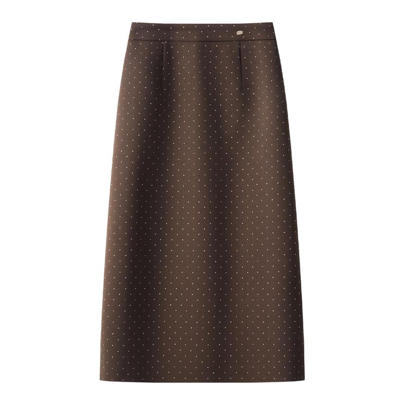 

2024 Women s Khaki Polka Dot Wool Midi Skirt: Slimming Bodycon with Slit for Autumn/Winter S хаки