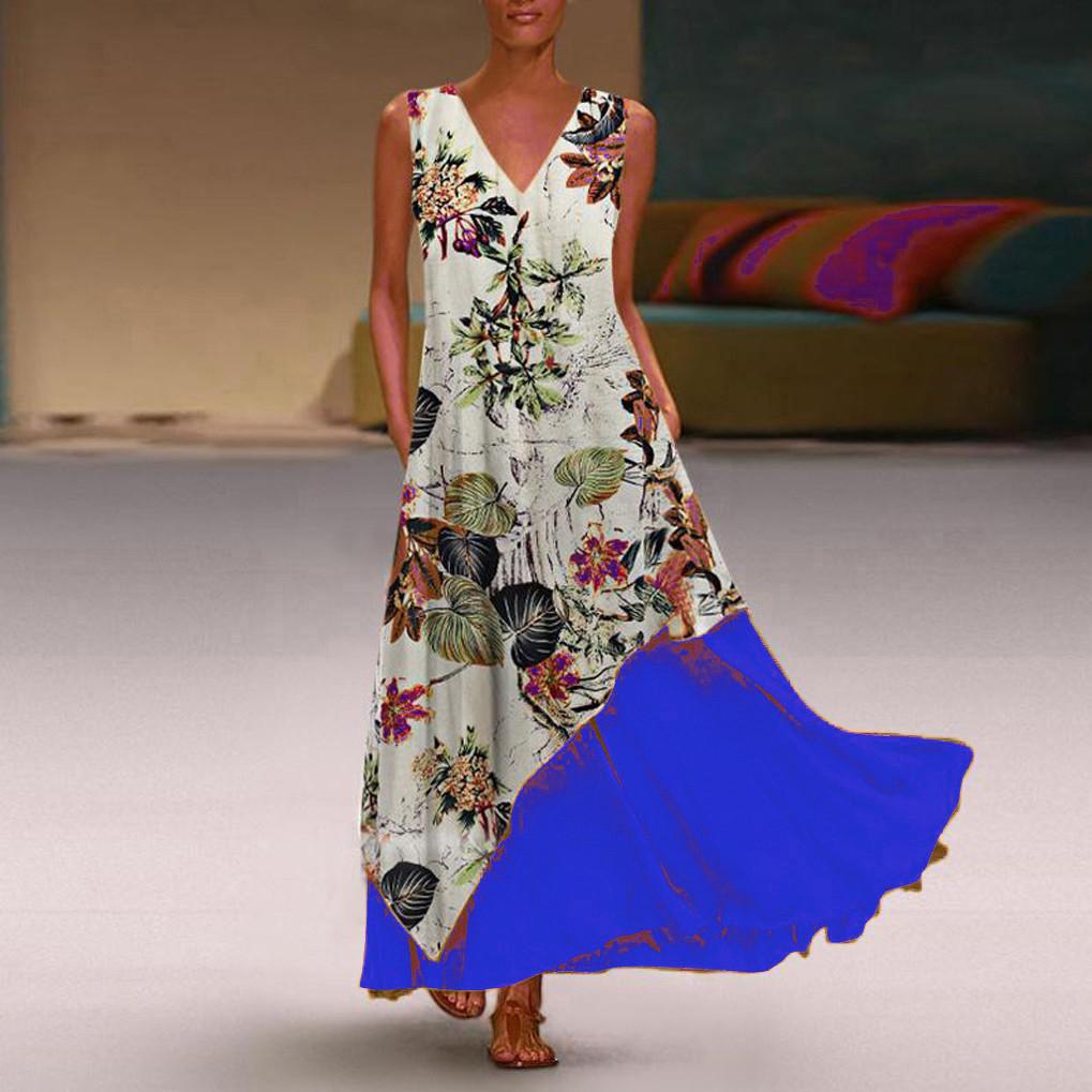 (SU)Женское винтажное платье макси без рукавов с цветочным принтом больших размеров с V-образным вырезом