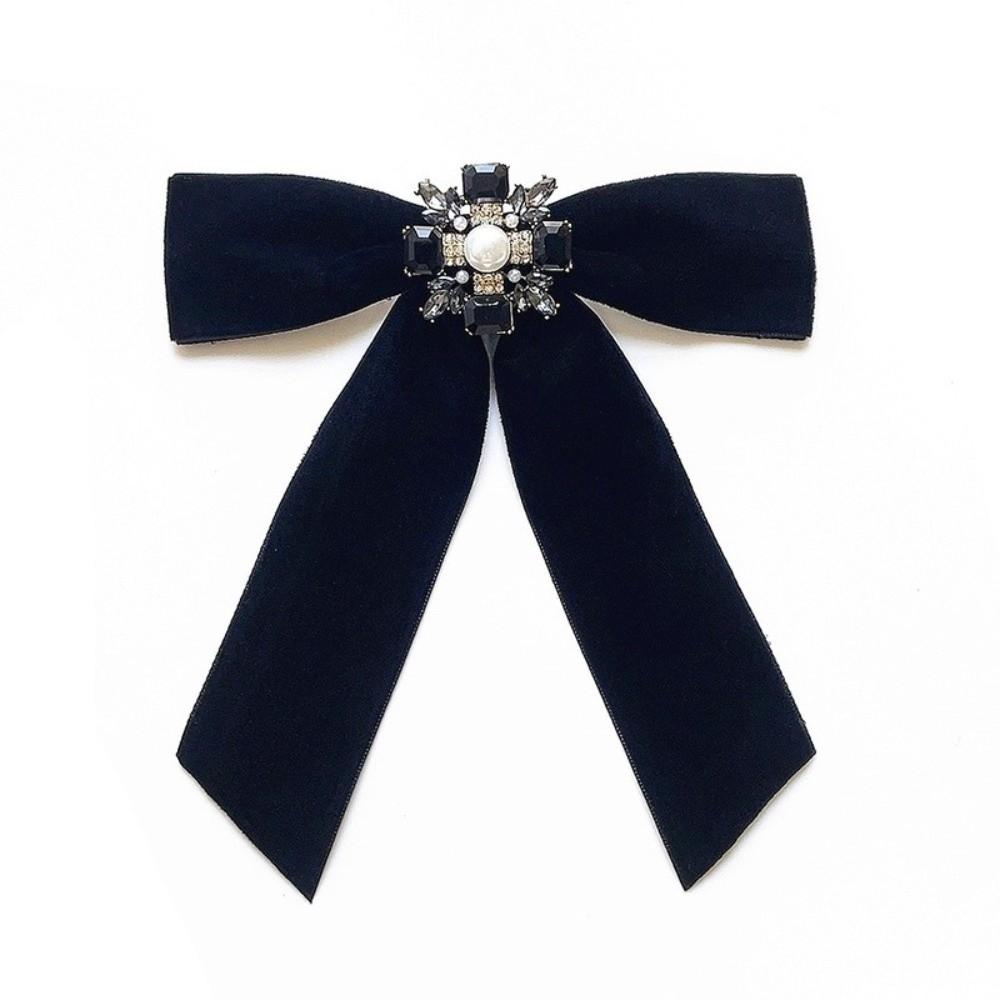Velvet Memorial Black Bowknot Brooches Crystal Rhinestone Bow Tie Brooches Dress Shirt Accessories
