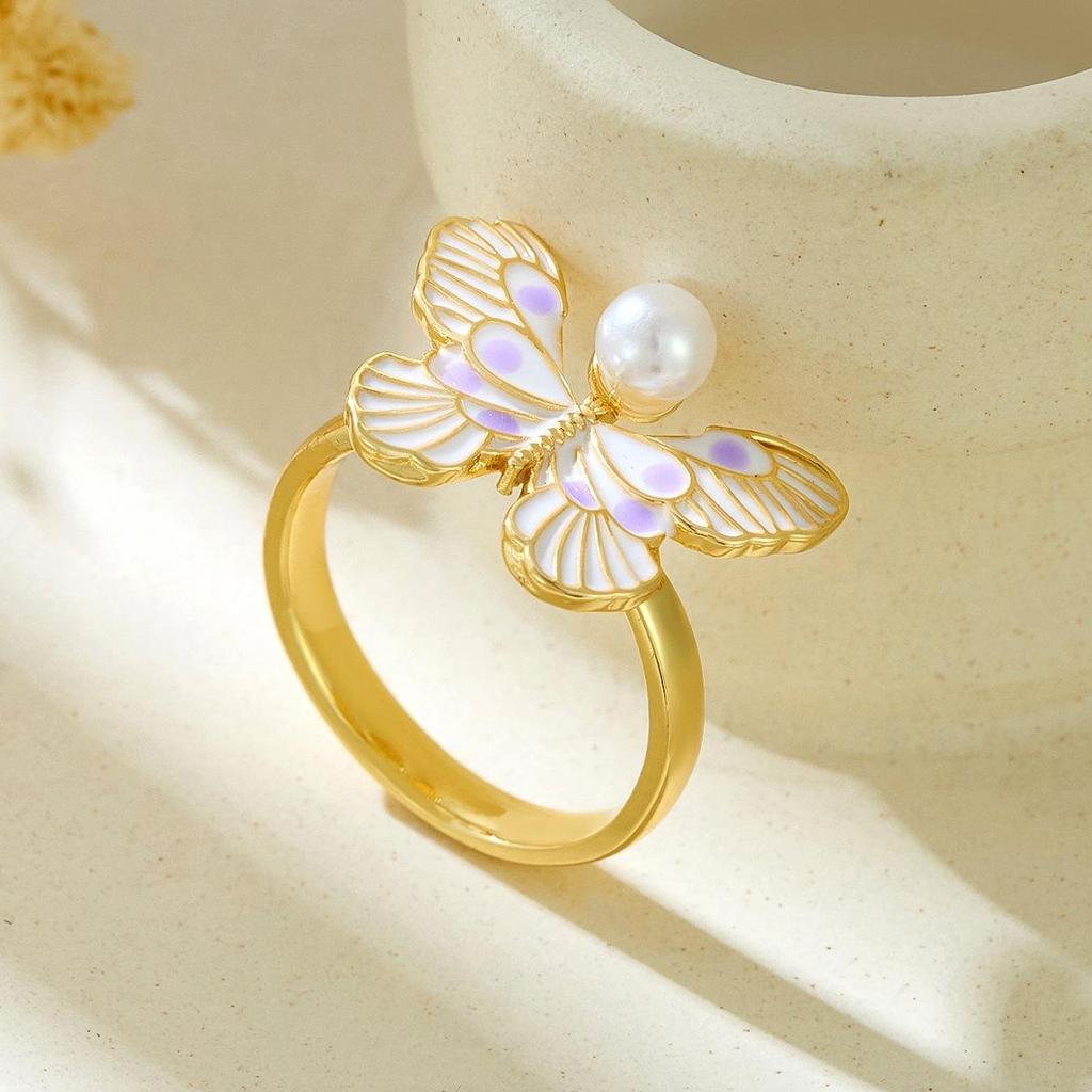 Adjustable Painted Enamel Butterfly Ring with Copper, Micro-inlaid Pearl, European American Style, Women's Fashion.
