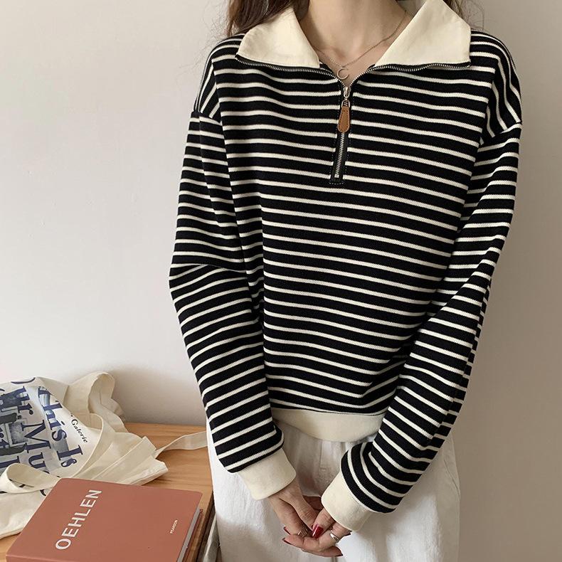 Polo collar autumn and winter new pullover sweater women's small short striped lapel neck long-sleeved knitted sweater
