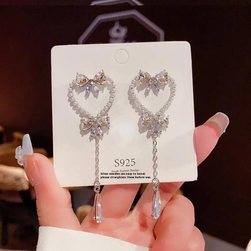 1 Pair Dangle Earrings Bowknot Shape Shining Rhinestones Lady Earrings Heart Imitation Pearls Tassel Jewelry Accessory