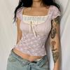Women's Patchwork Lace Pullover Short Top with Square Neck Fashion Trend