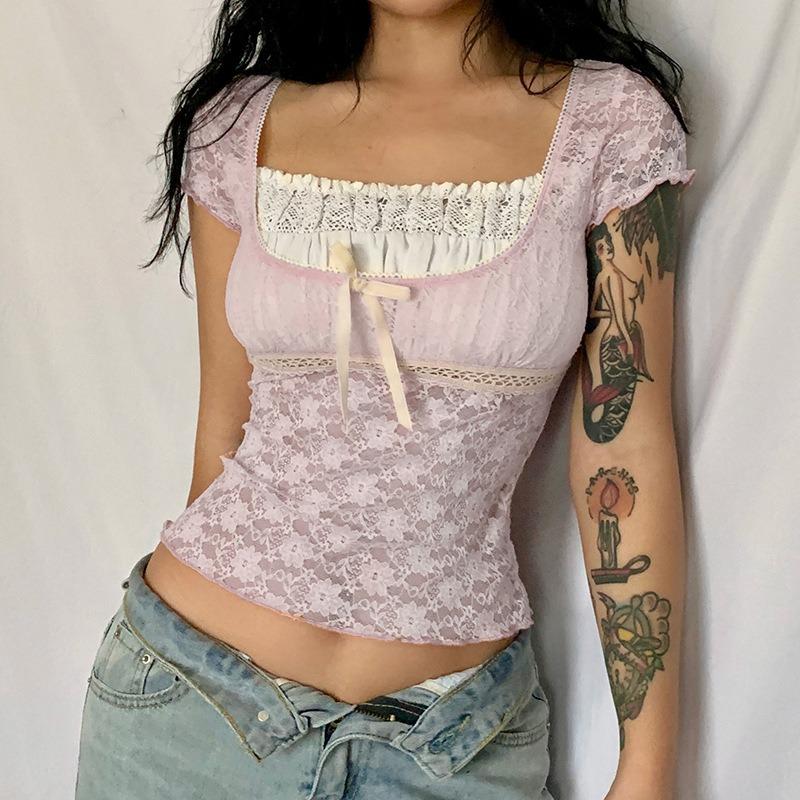 Women's Patchwork Lace Pullover Short Top with Square Neck Fashion Trend