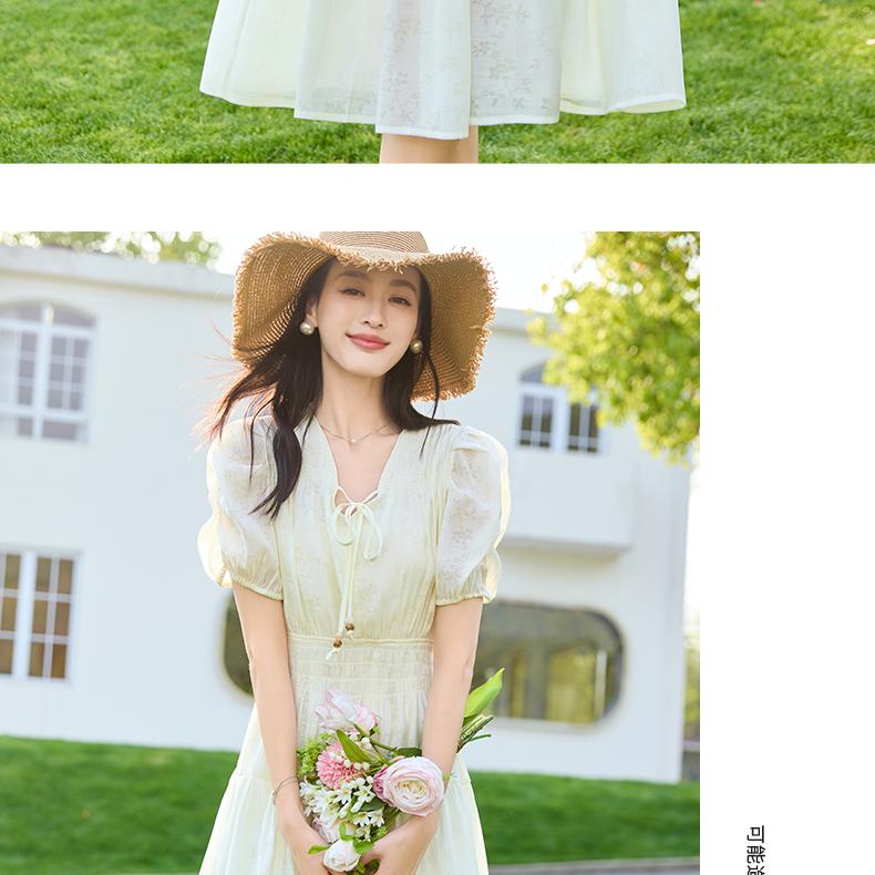 Tea break French V-neck tied waist, bubble sleeves, printed seaside vacation style dress