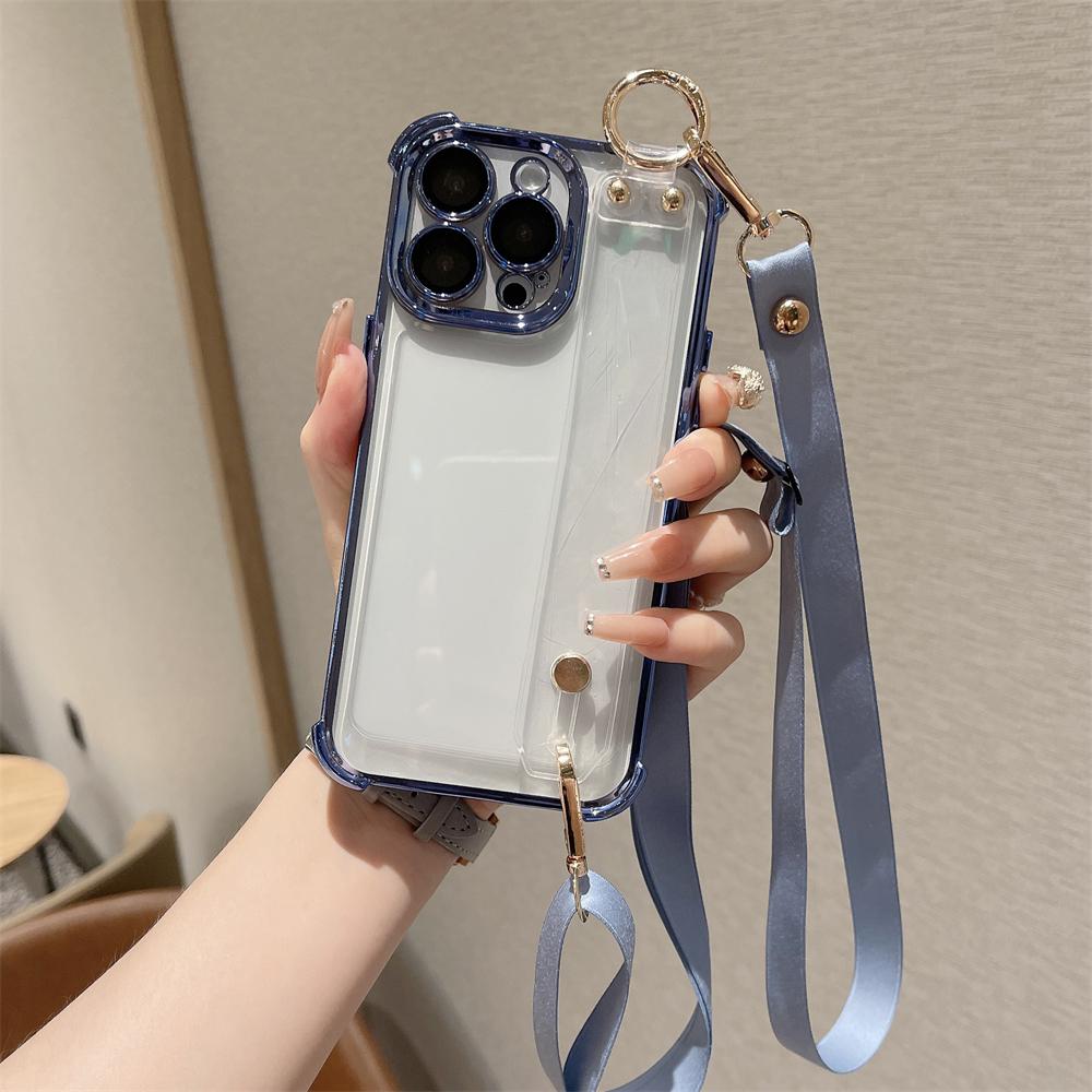 Luxury Plating Wristband Crossbody Lanyard Clear Hard Case For iPhone 16 15 14 Pro Max 13 12 11 XS X XR Transparent Soft Cover