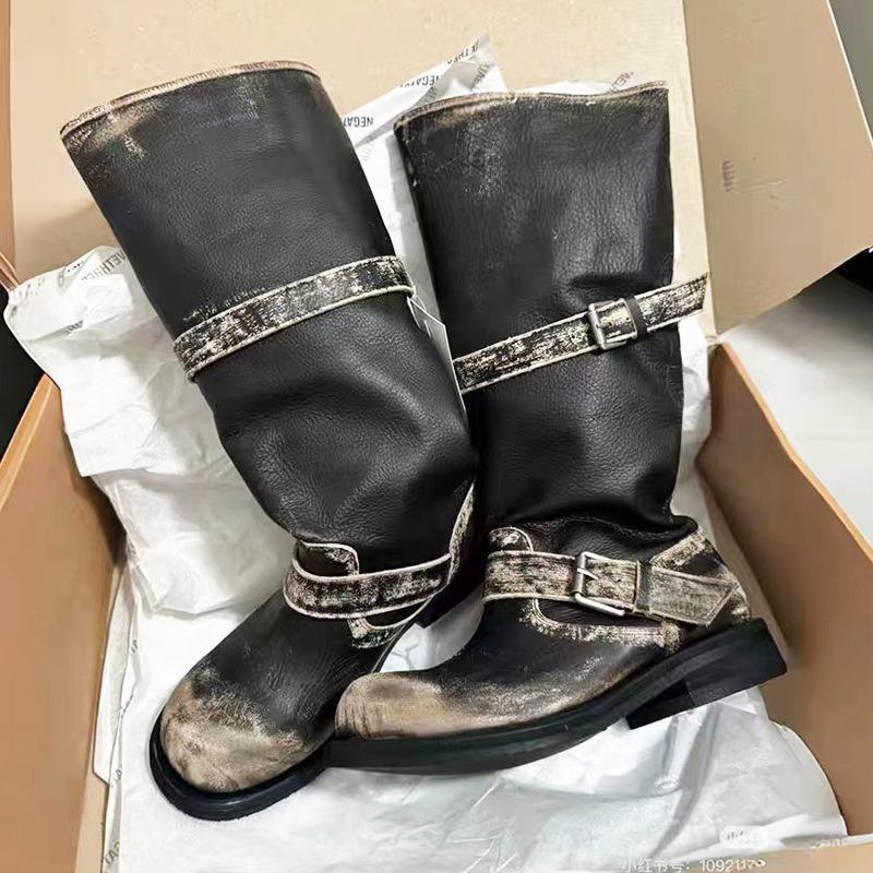 [Zhang Yuanying] Belt buckle stack boots thick heel retro mid-wind boots boots niche tooling boots