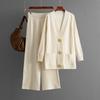 Autumn and Winter New Solid Color Loose Metal Button Cardigan Set + Wide-leg Pants Two-piece Set for Women