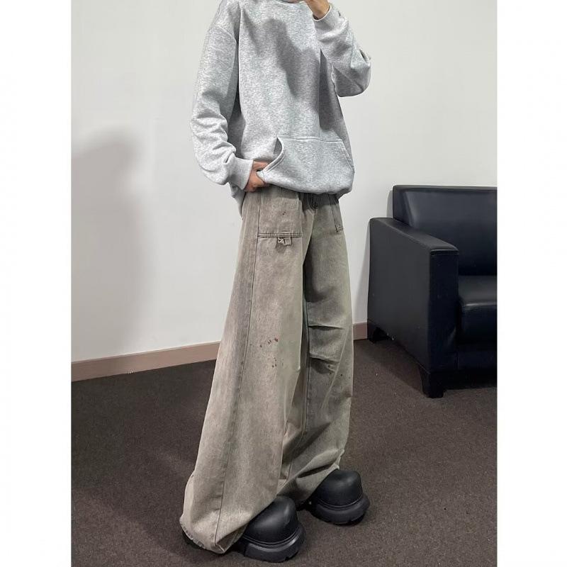 JYL Men s Straight Jeans Cross-Border Washed Splash Spring Vintage Pleated Denim 3XL античный рубиновый