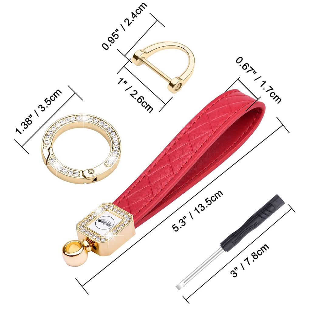 Wisdompro Car Key Key Chain, Sparkling Carabiner, PU Leather, Smart Key, Anti-Lost, Stylish, Cute, Women's, Red