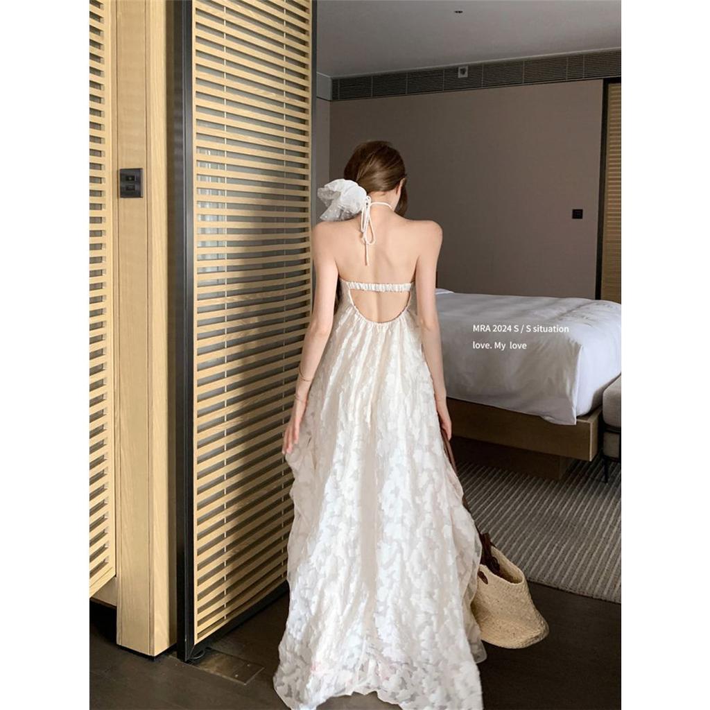 French Neck Dress Women's Summer Seaside Vacation Wind Backless Long Dress Super Fairy Temperament Loose a Word Skirt