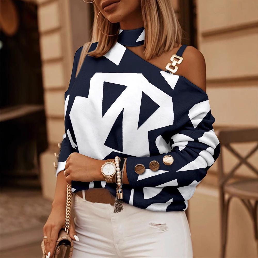 2023 Hot-Selling Women's Autumn/Winter Long Sleeve Chain Halter Print Button Top
