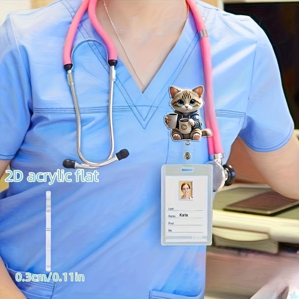 2D Flat Acrylic Cute Coffee Cat Retractable Badge Reel, Lanyard ID Clip For Nurses Doctors Registered Licensed Nurses Medical Workplace Use