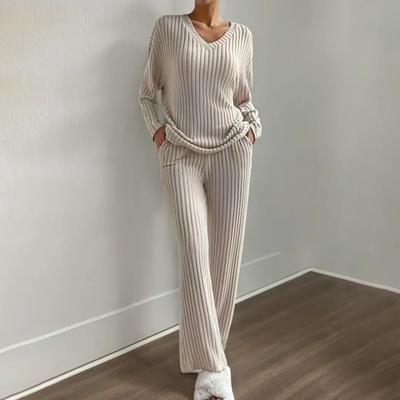 Yousheng Women's Lounge Set Ribbed Long Sleeve Top And Wide Pants Matching Pajamas Set Casual 2 Piece Outfits