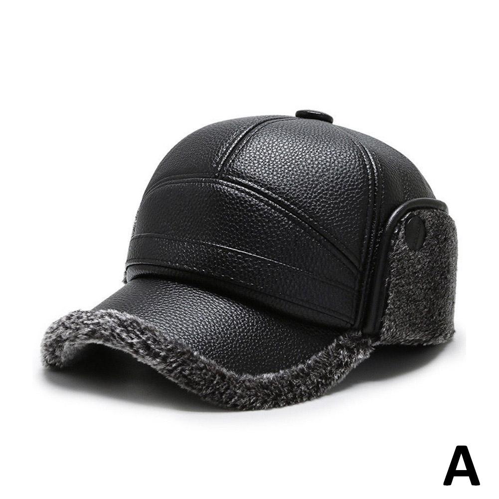 Autumn Winter Hat For Men Outdoor Thick PU Leather Warm Adjustable Earmuffs Baseball Cap Bomber Thick Fleece Lined Hats