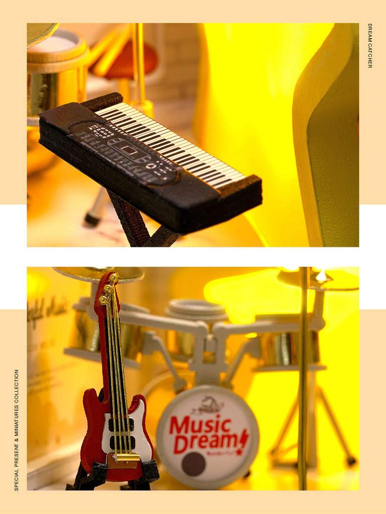 moin moin Scale Dollhouse Miniature DIY Kit Set with and Musical Instruments LED Light Acrylic Case 1/32 Dreamcatcher, Band, Stage, Ultra-Small,