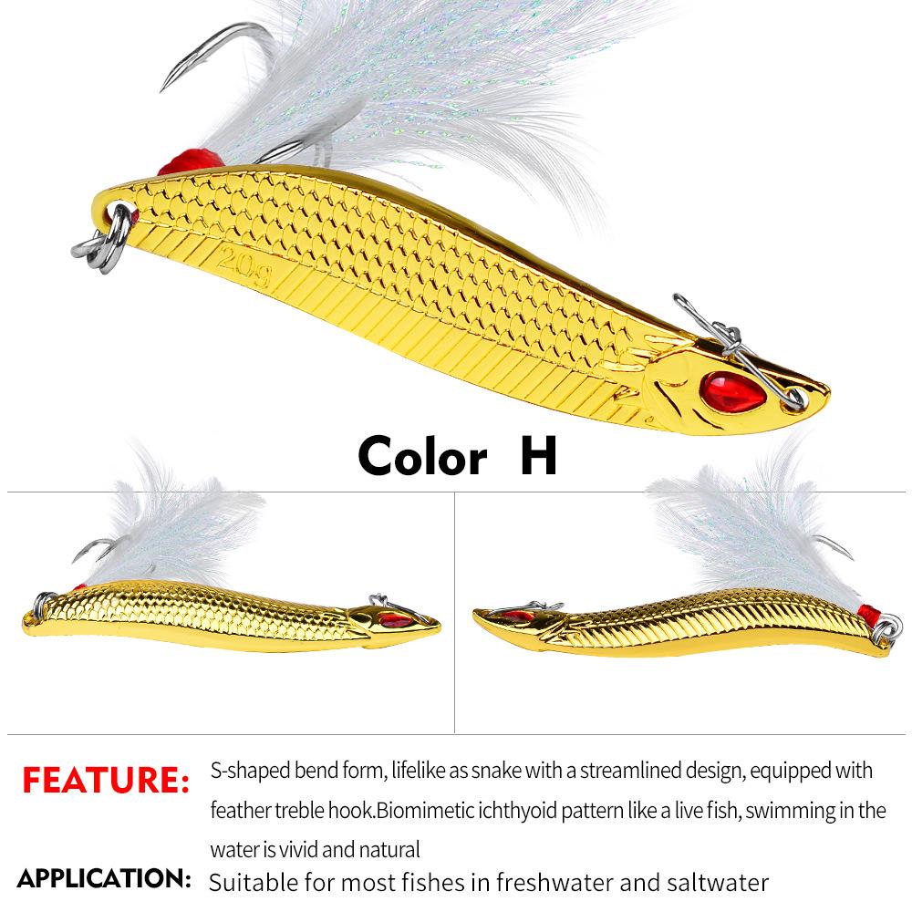 

Lure Bait: Fluttering Metal Jig Spoon with Feather Hook for Bass and Leech Spinner. 7g