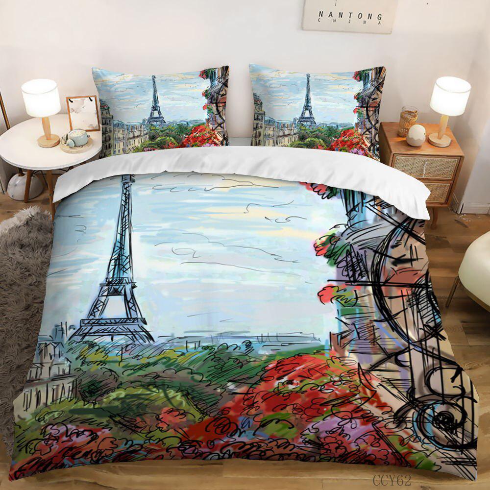 Comforter Eiffel Tower Bedding Set Queen Size Couple Valentine'S Day Comforter Set For Women Romantic Paris Room Decor