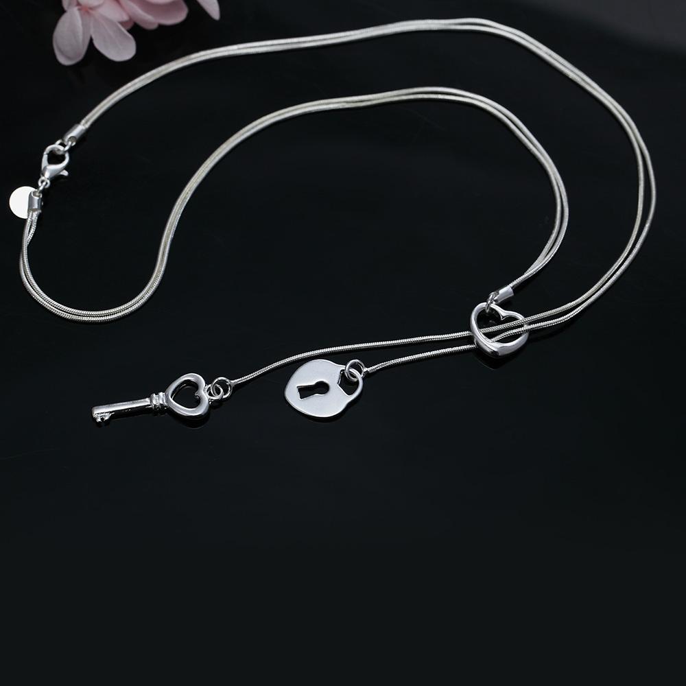 925 Sterling Silver Jewelry Snake Chain Heart Key Pendant Necklace
