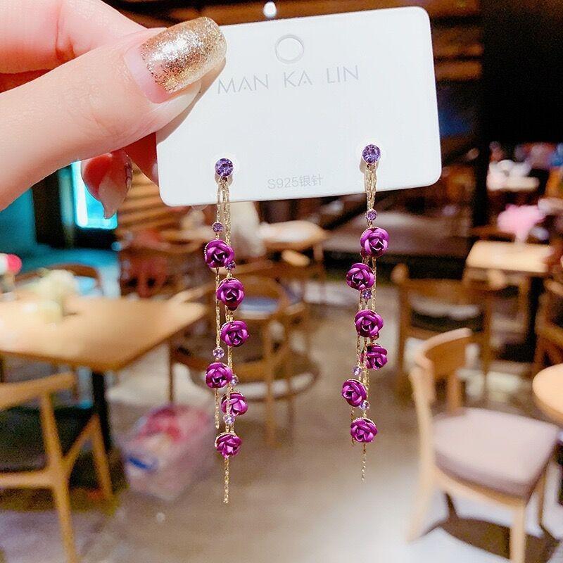 European and American purple diamond-encrusted rose flower ethnic style female simple long fringed rhinestone earrings