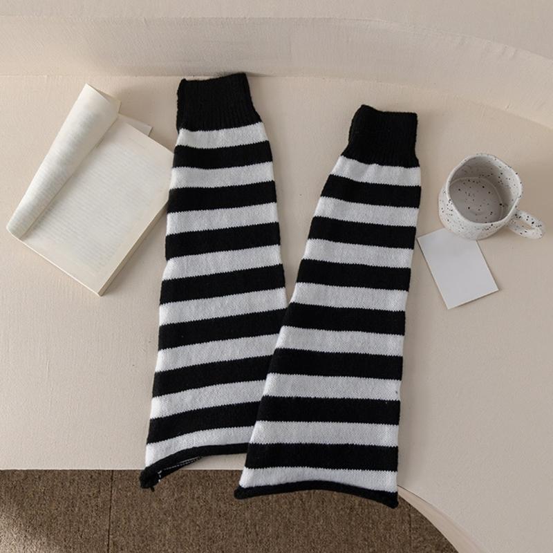 Punk Styles Japanese Harajuku Knitted Striped Flared Leg Warmers and Thigh High Long Socks Set for Women Teen Streetwear
