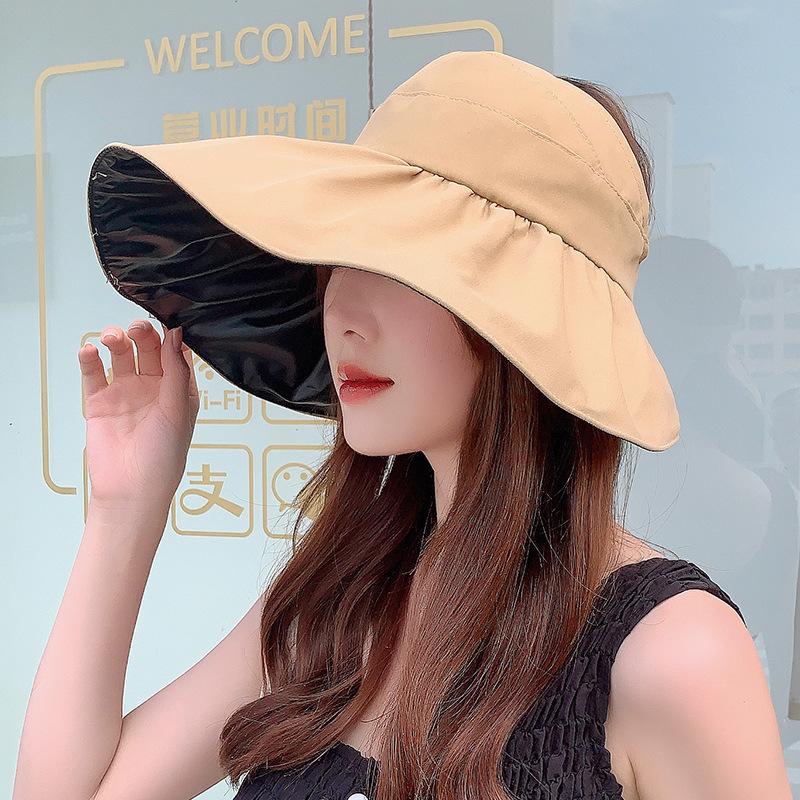 Wide Brim Solid Empty Top Sun Hats for Women Black Plastic Anti-UV Summer Hat Breathable Beach Sunshade Hat Foldable Visor Cap