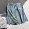 Women's Summer Korean-Style High-Waisted Distressed Straight-Leg Cropped Pants Loose A-Line Denim Wide-Leg Shorts