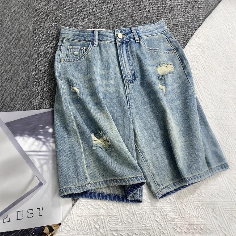 Women's Summer Korean-Style High-Waisted Distressed Straight-Leg Cropped Pants Loose A-Line Denim Wide-Leg Shorts