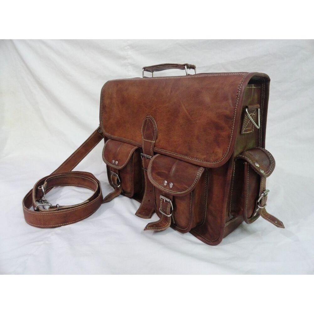 Goat Leather Briefcase Messenger Bag 15 In Laptop Satchel Office Shoulder Bags