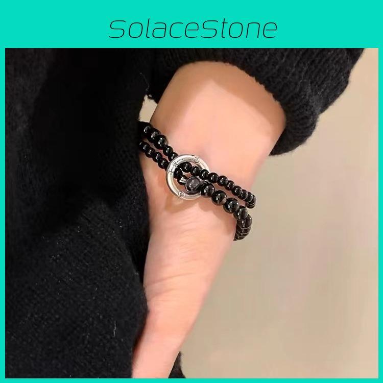 Unisex Elegant Black Beaded Double Circle Bracelet Trendy Retro Artistic Jewelry