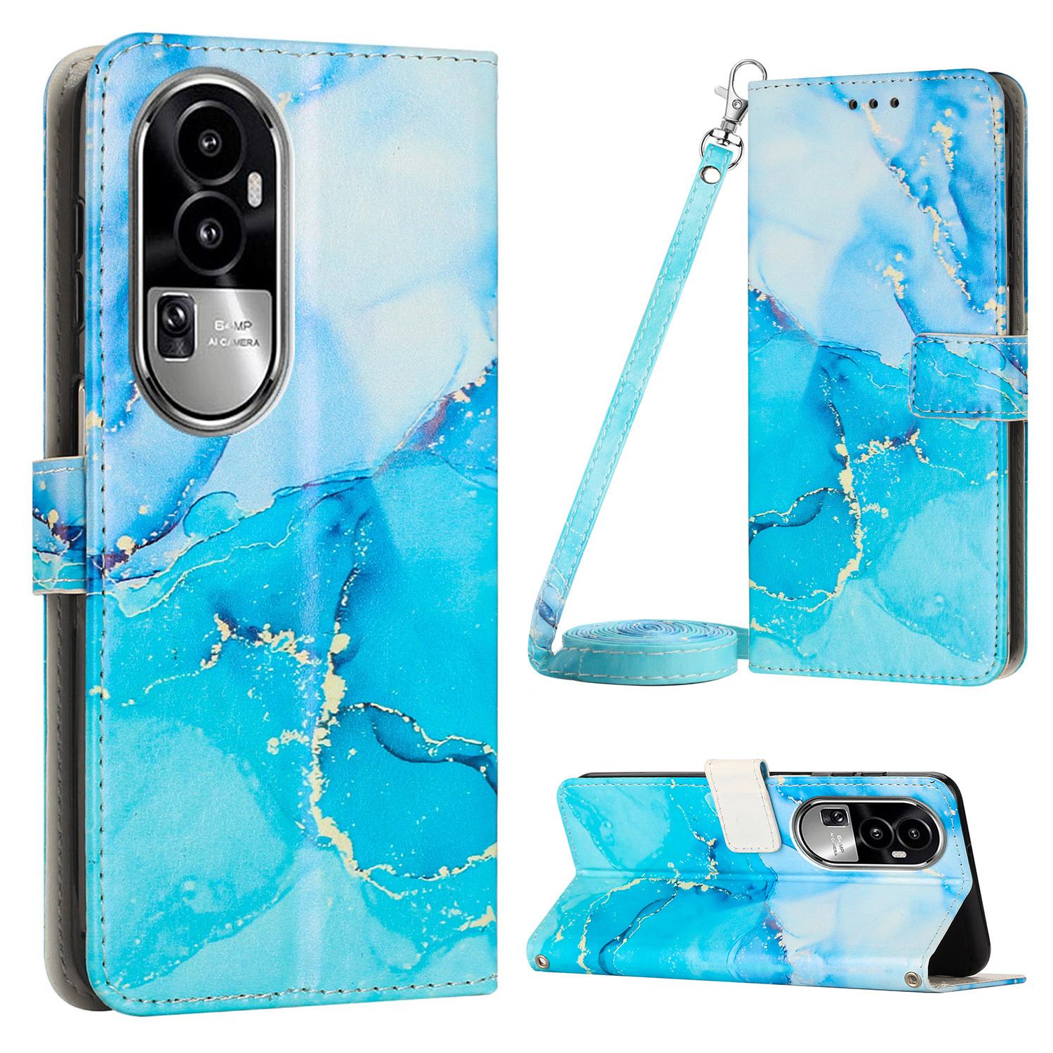 

For Oppo Reno10 Pro 5G (Global)/Reno10 5G (Global) Leather Wallet Phone Case Marble Pattern Stand Cover with Shoulder Strap Blue/Green