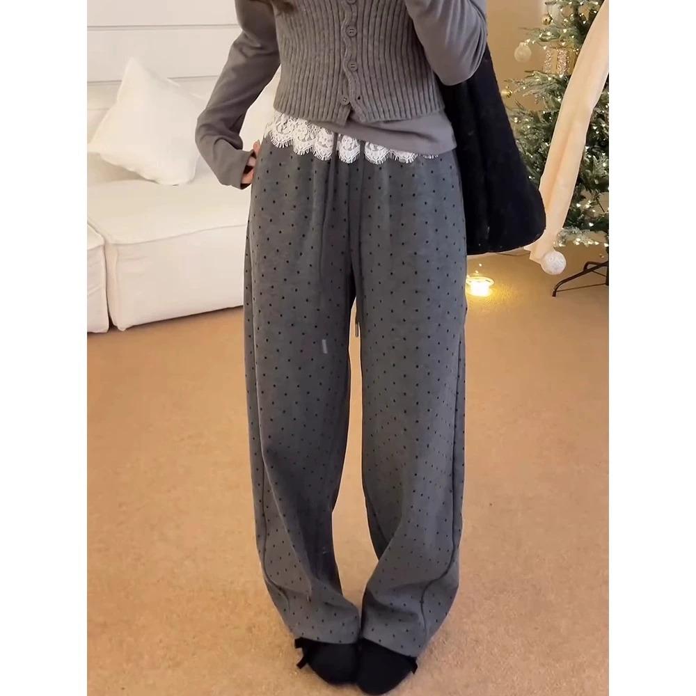 Korean Lace Trim Polka Dot Casual Wide Leg Pants for Women, Elastic Waist, Slim Fit, Spring/Autumn