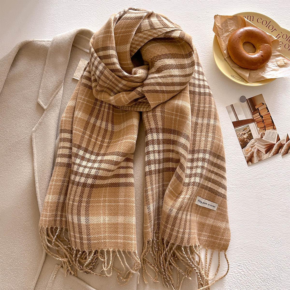 Winter Warmer Thickened Scarf For Women Plaid Print Tassel Pashmina Shawl Faux Cashmere Warps Autumn Elegant Ladies Blanket
