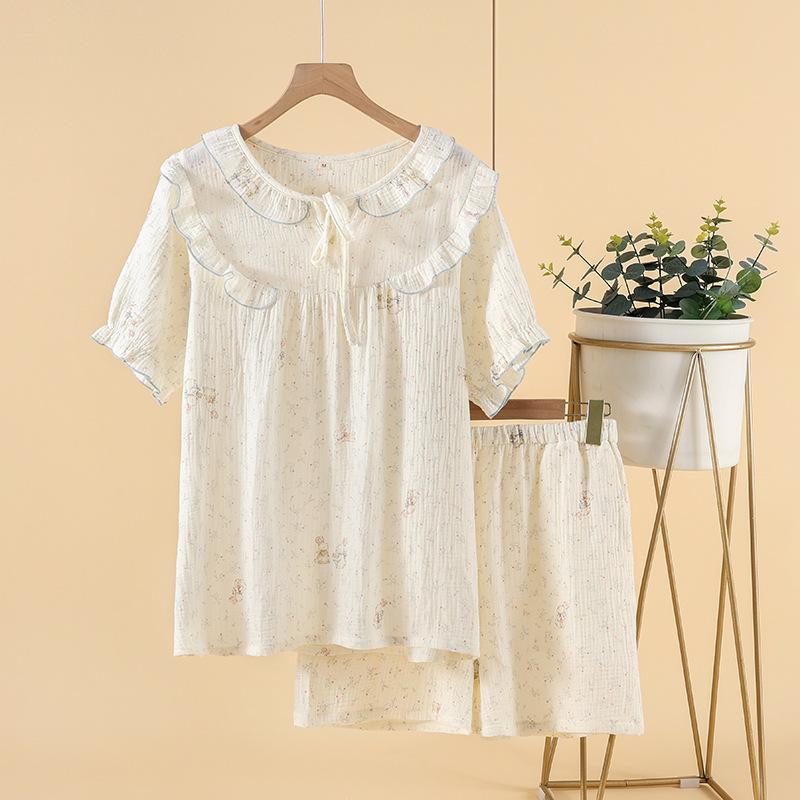 Pajamas Women's Spring, Summer and Autumn Crepe Cloth Pure Cotton Small Fresh Floral Sweet Home Nightdress Short Sleeve Shorts Set Loungewear