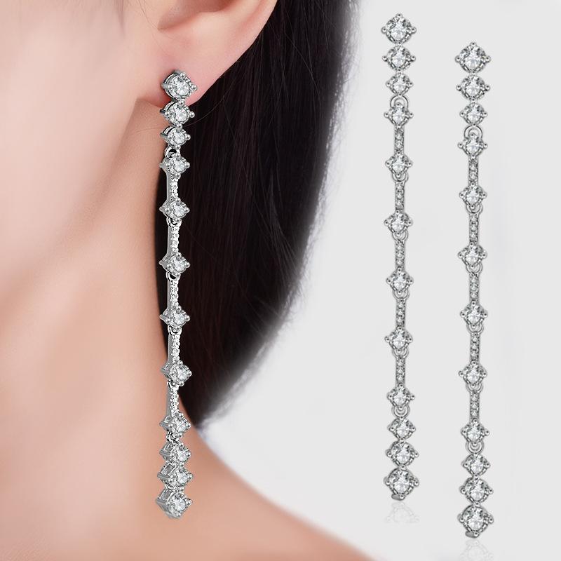 Simple Female Earrings 925 Sterling SIlver Stackable Zircon Long Tassel Earrings for Women Fashion Statement Bijoux Jewelry