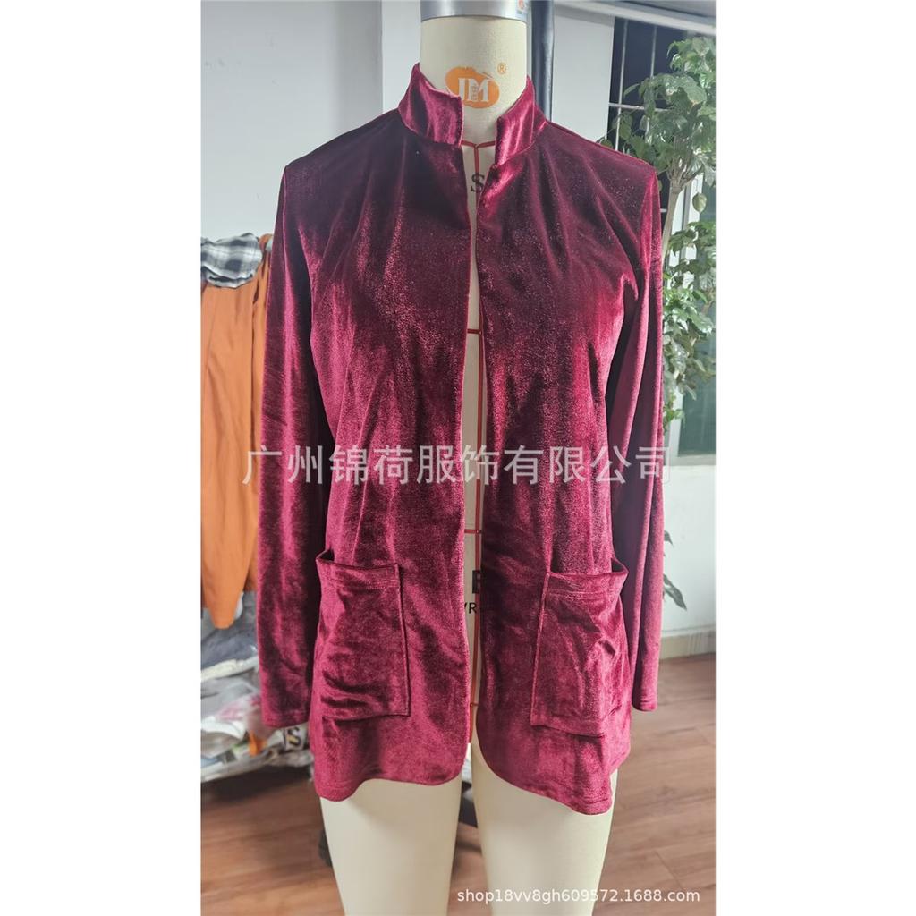 Women Velvet Open Front Blazer Stand Collar Three Quarter Sleeve Casual Loose Jacket With Pockets Autumn Outerwear