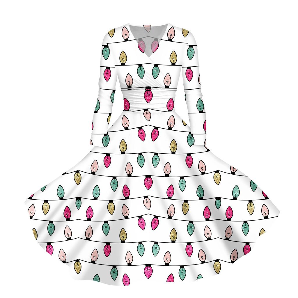 Abito casual da donna con scollo a V, maniche lunghe, stampa natalizia retrò, autunno