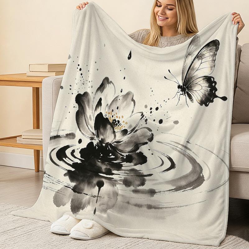 All-Season Thick Flannel Blanket, Ink-Wash Floral Chinese Style Throw, Soft Warm Home Decor for Guest Room Single Use, Christmas Halloween