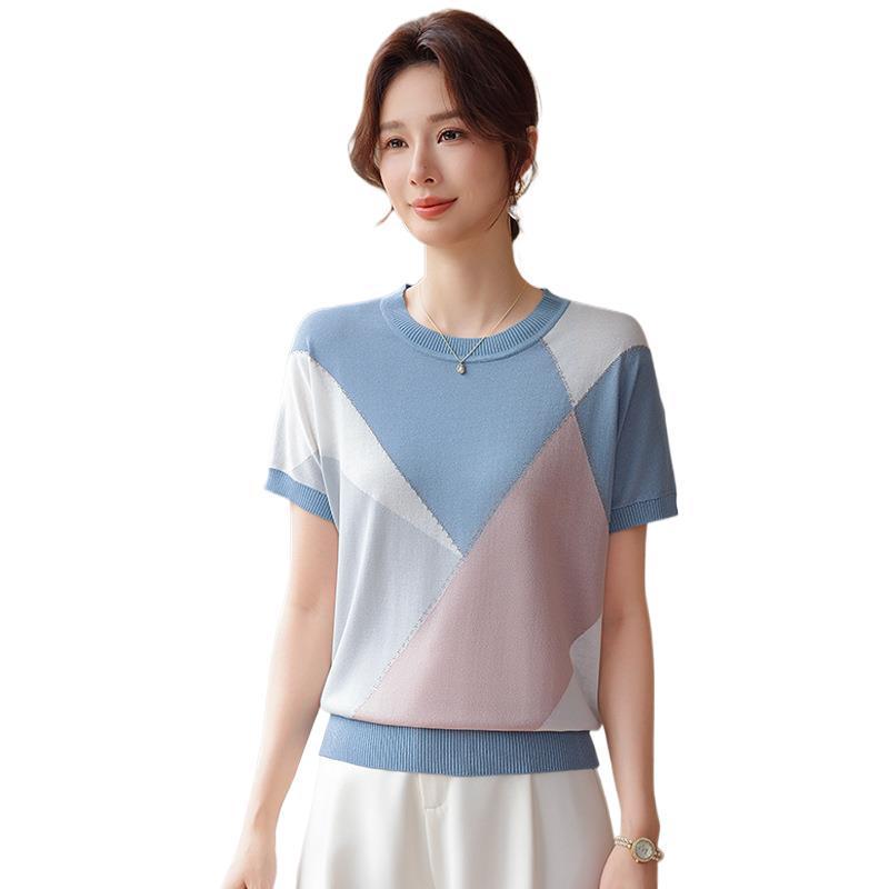 Mom's Summer 2026 Ice Silk Short-Sleeve Plus Size T-Shirt for Middle-Aged and Elderly Women - Knitted Loose Fit