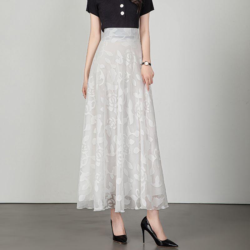 New Summer White Midi Skirt Women's Long Embroidered A-line Swing Skirt High Waist Dance Skirt