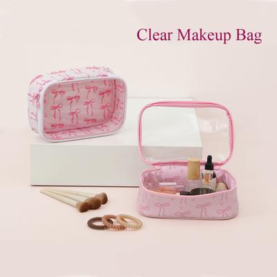 Pink Bow Makeup Bag Portable Cosmetic Pouch with Transparent Window Zippered Travel Cosmetic Organizer for Business Trip Vacation