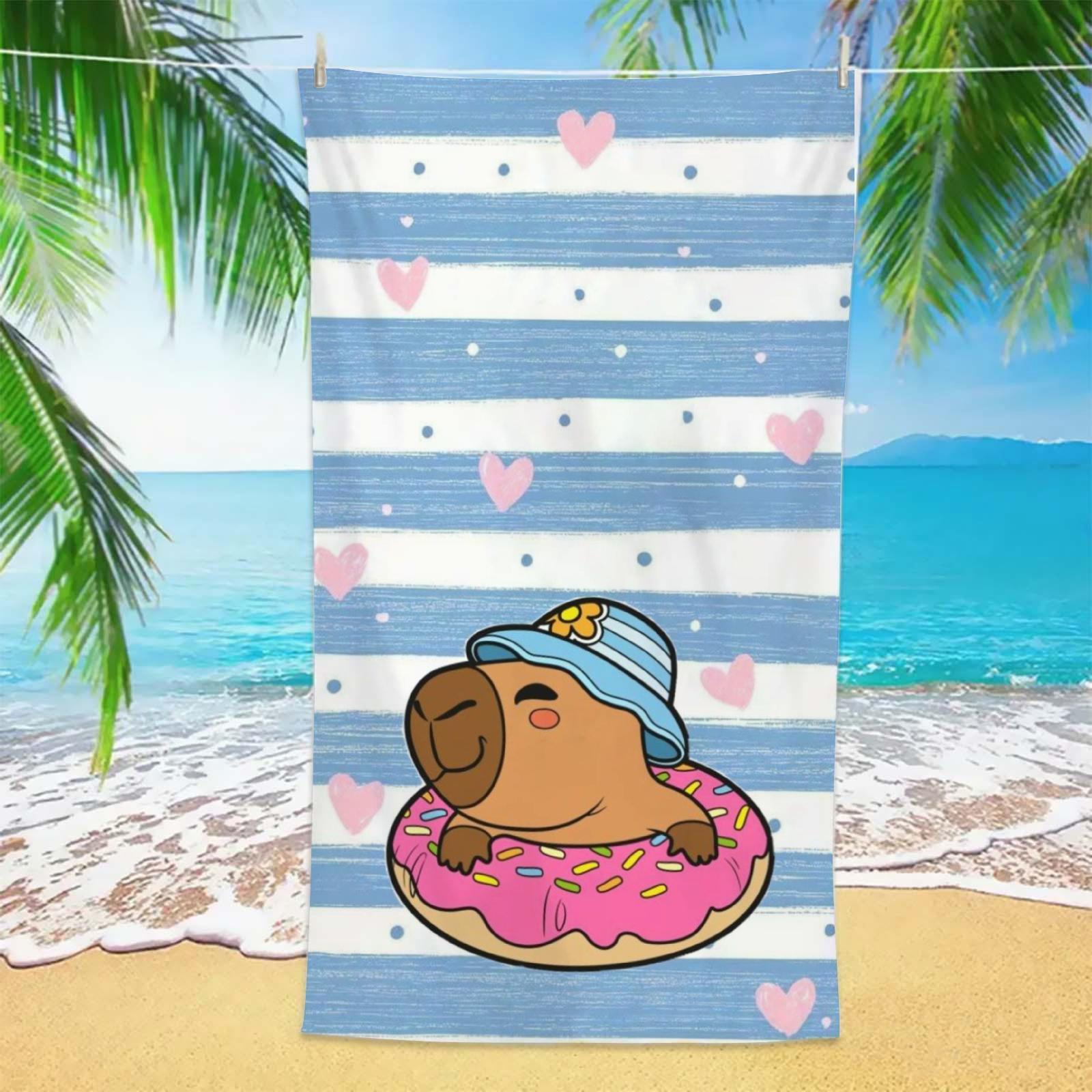 

Lovely Capybara Beach Towel 1pc Blue White Stripe Donut Print Lightweight Soft Towel for Pool Travel Kids Beach Vacation W40*H60(CM)