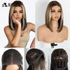 Noble Synthetic Lace Front Wigs For Women 12 Inch Pre Plucked Pre-Cut Ombre Brown Blonde Straight Layered Bob Wig Cosplay Wig
