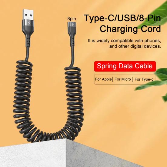 Cabo de Carregamento Design de Mola Telescópica Anti-emaranhamento Carregamento Rápido 5A Tipo-C/USB/8 Pinos Linha de Dados Acessórios para Telefone