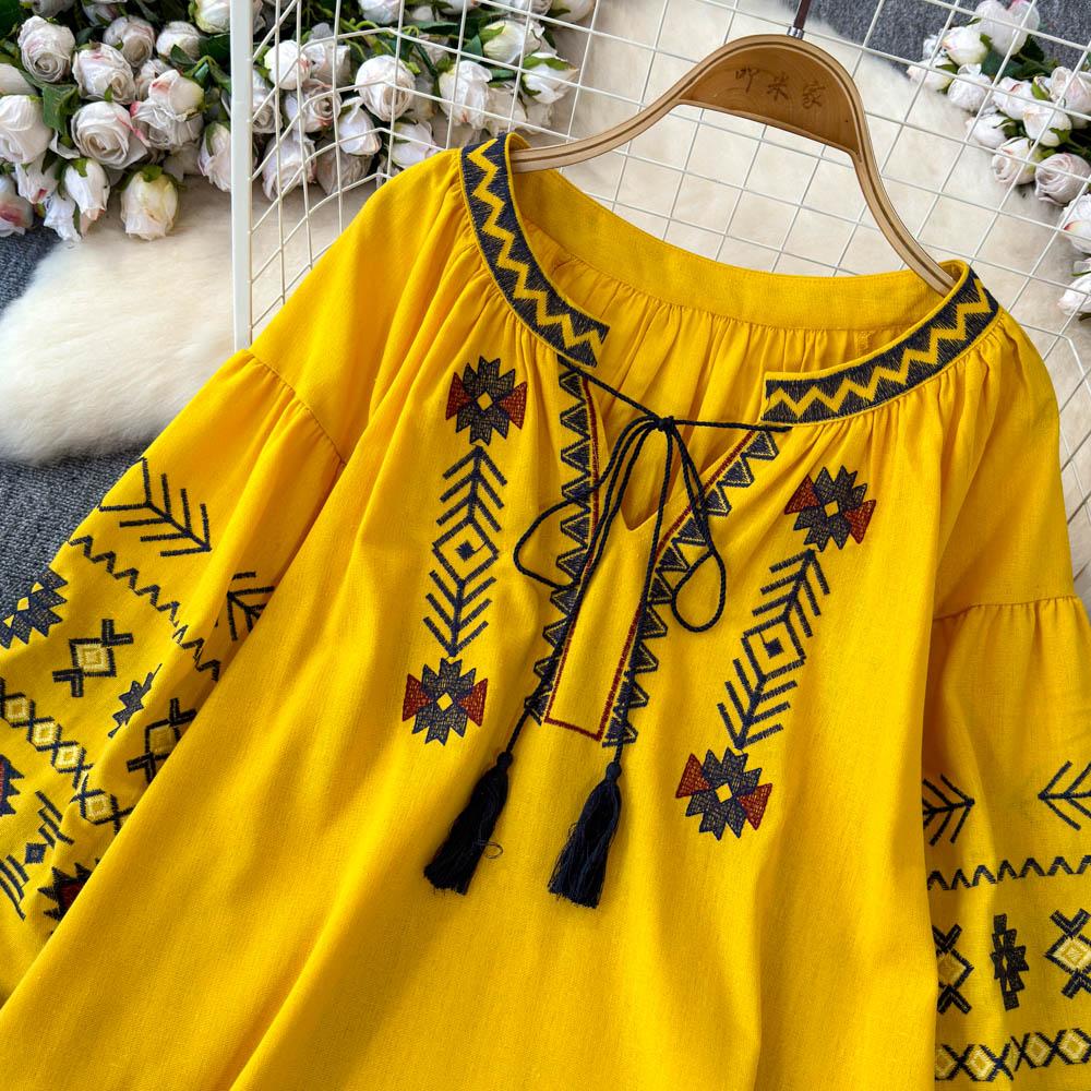 Jesień Zima Nowe Vintage Etniczne Bluzki Haft Luźny Dekolt V Nadruk Ropa Mujer Frędzle Sznurowanie Casualowa Koszula w Stylu Francuskim