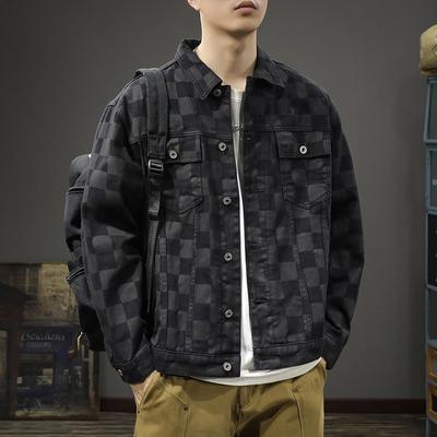 Jaqueta jeans xadrez retrô da marca da moda, masculina, solta, tamanho grande, americana, jeans de alta qualidade